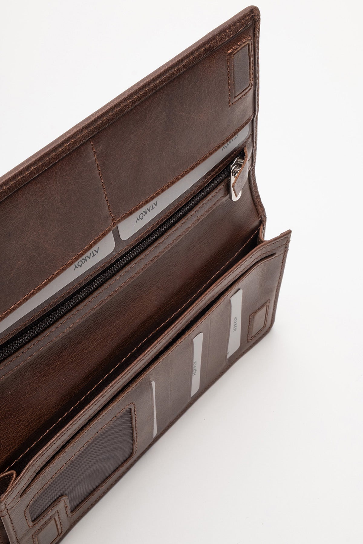 Erkek Hakiki Deri Kahve Vintage Dokulu Körüklü Uzun Cüzdan Arno