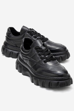 Erkek Hakiki Deri Siyah Bağcıklı Tırtıklı Kalın Taban Sneaker Alonso