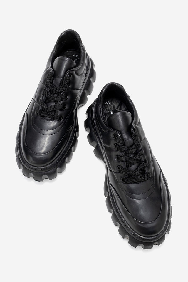 Erkek Hakiki Deri Siyah Bağcıklı Tırtıklı Kalın Taban Sneaker Alonso