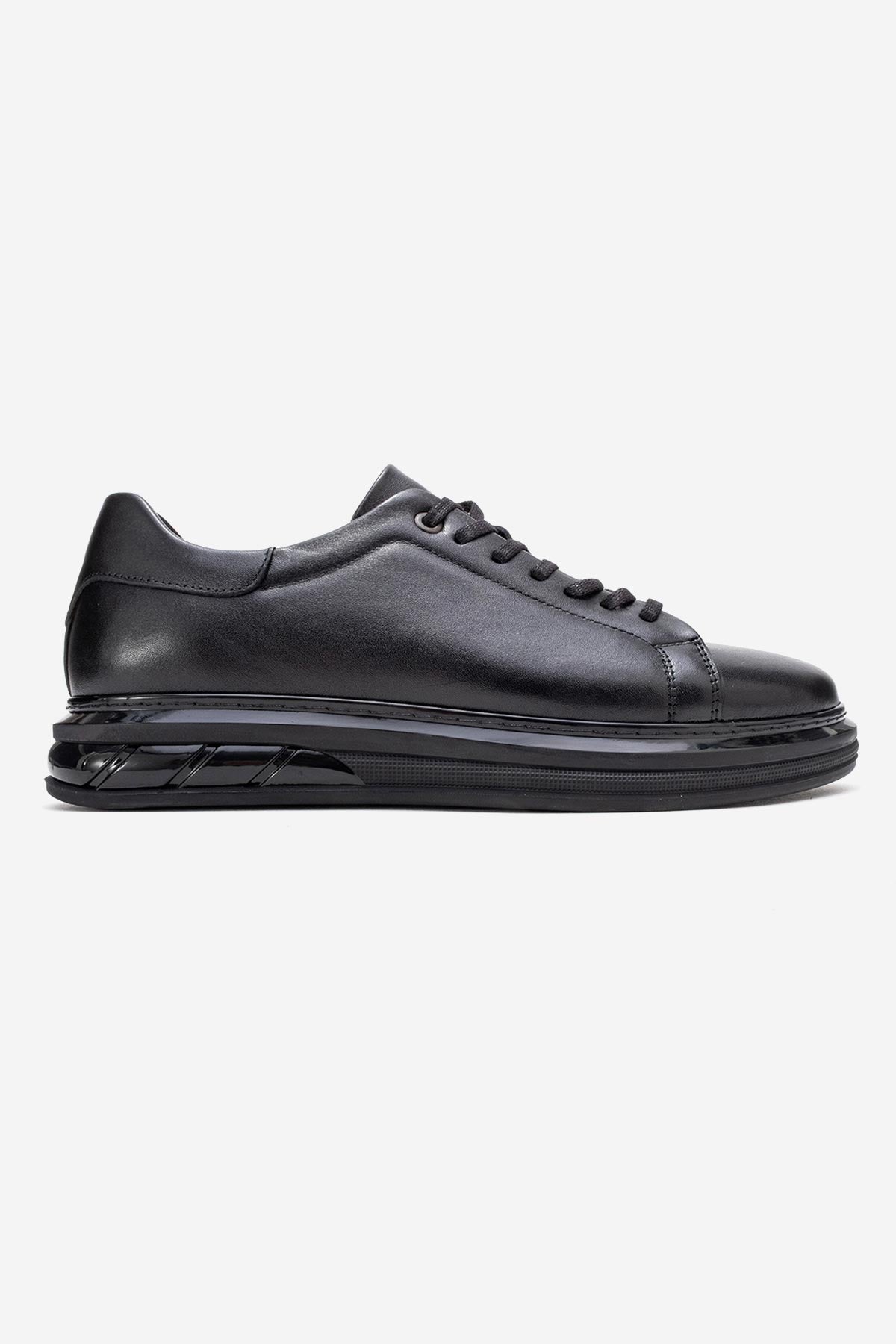 Erkek Hakiki Deri Siyah Bağcıklı Kalın Tabanlı Sneaker Günlük Ayakkabı Basilio