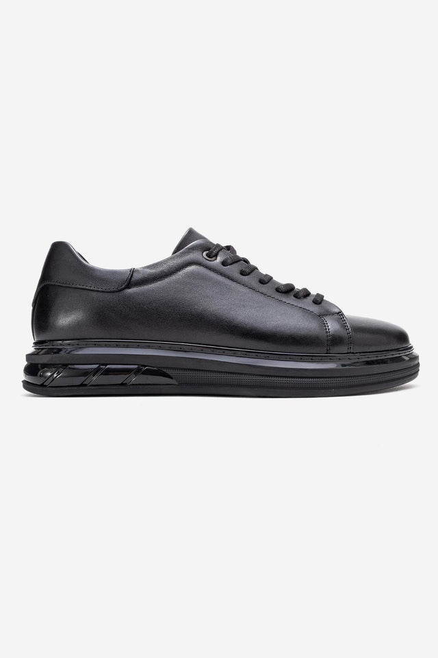 Erkek Hakiki Deri Siyah Bağcıklı Kalın Tabanlı Sneaker Günlük Ayakkabı Basilio