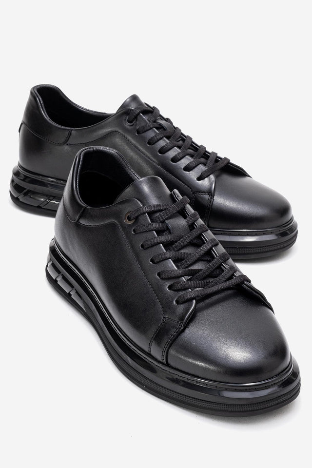 Erkek Hakiki Deri Siyah Bağcıklı Kalın Tabanlı Sneaker Günlük Ayakkabı Basilio