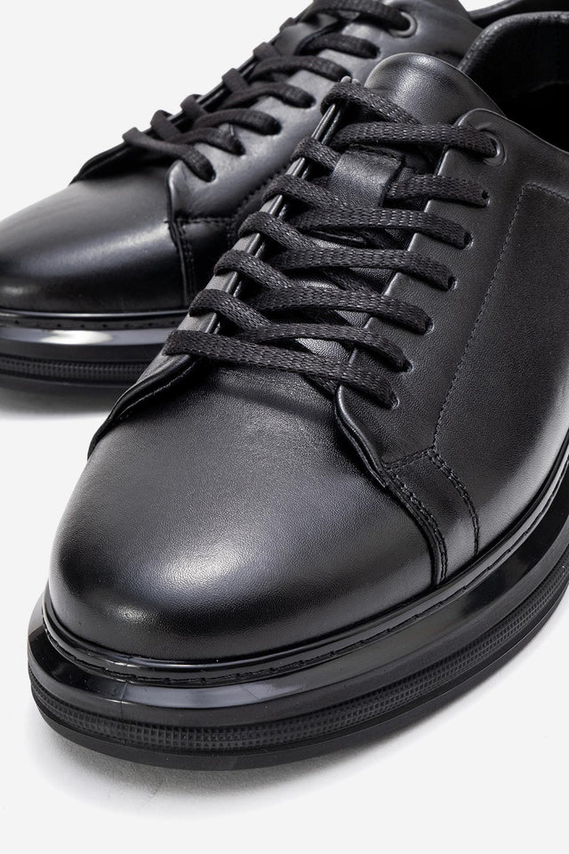 Erkek Hakiki Deri Siyah Bağcıklı Kalın Tabanlı Sneaker Günlük Ayakkabı Basilio