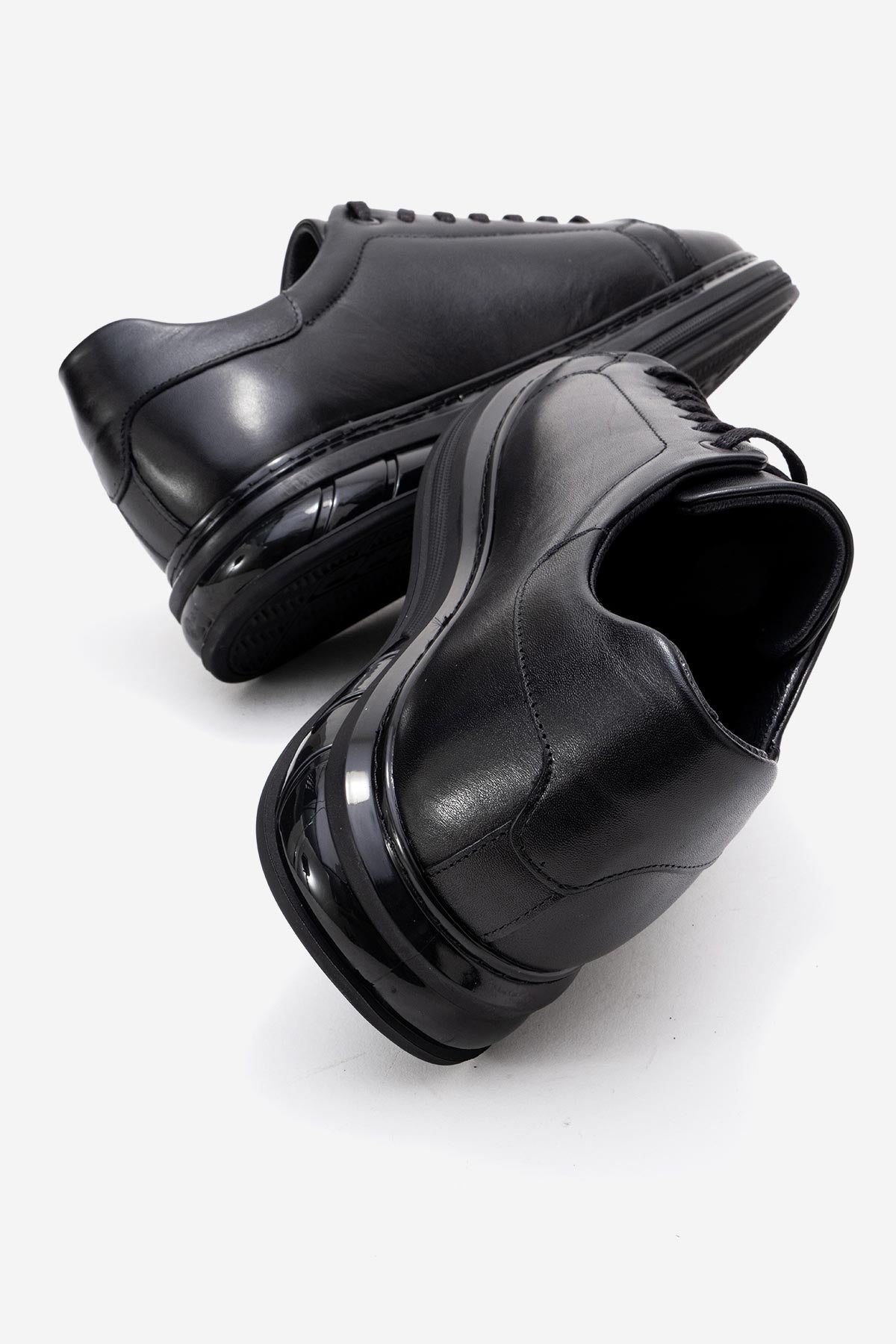 Erkek Hakiki Deri Siyah Bağcıklı Kalın Tabanlı Sneaker Günlük Ayakkabı Basilio