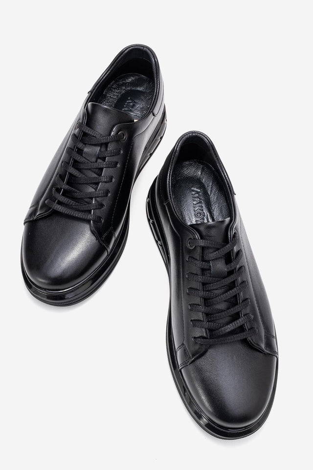 Erkek Hakiki Deri Siyah Bağcıklı Kalın Tabanlı Sneaker Günlük Ayakkabı Basilio