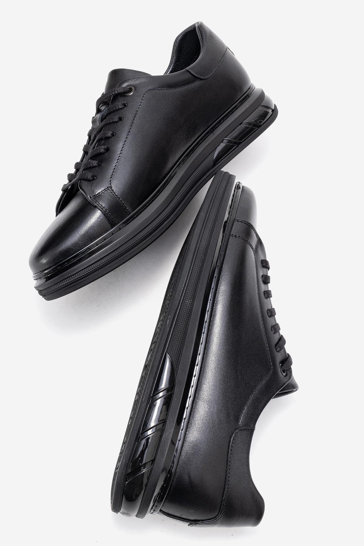 Erkek Hakiki Deri Siyah Bağcıklı Kalın Tabanlı Sneaker Günlük Ayakkabı Basilio