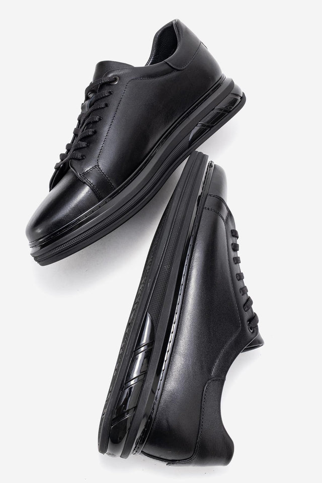 Erkek Hakiki Deri Siyah Bağcıklı Kalın Tabanlı Sneaker Günlük Ayakkabı Basilio