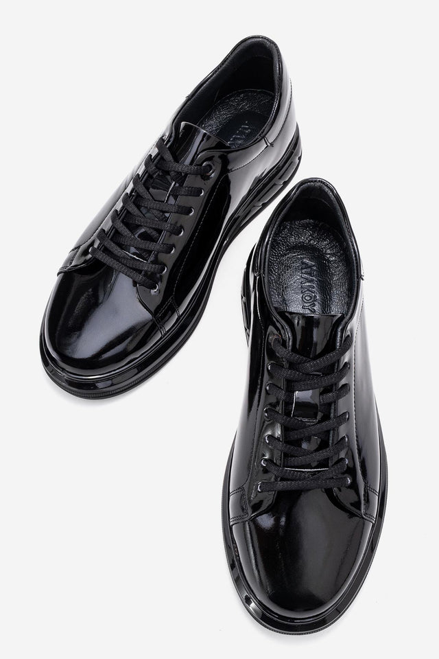 Erkek Hakiki Deri Siyah Bağcıklı Kalın Tabanlı Sneaker Günlük Ayakkabı Basilio