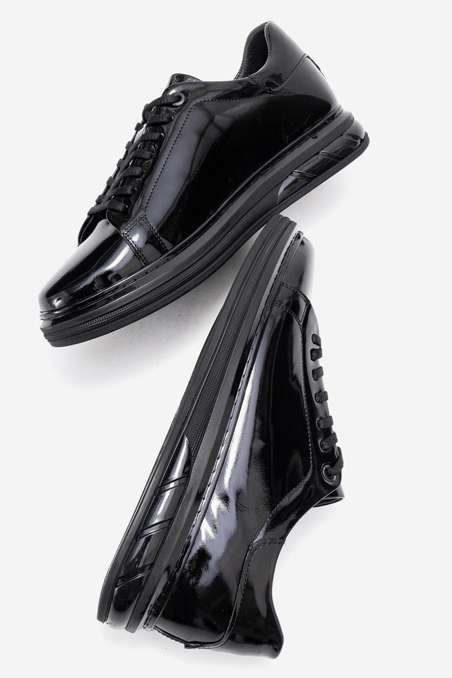 Erkek Hakiki Deri Siyah Bağcıklı Kalın Tabanlı Sneaker Günlük Ayakkabı Basilio