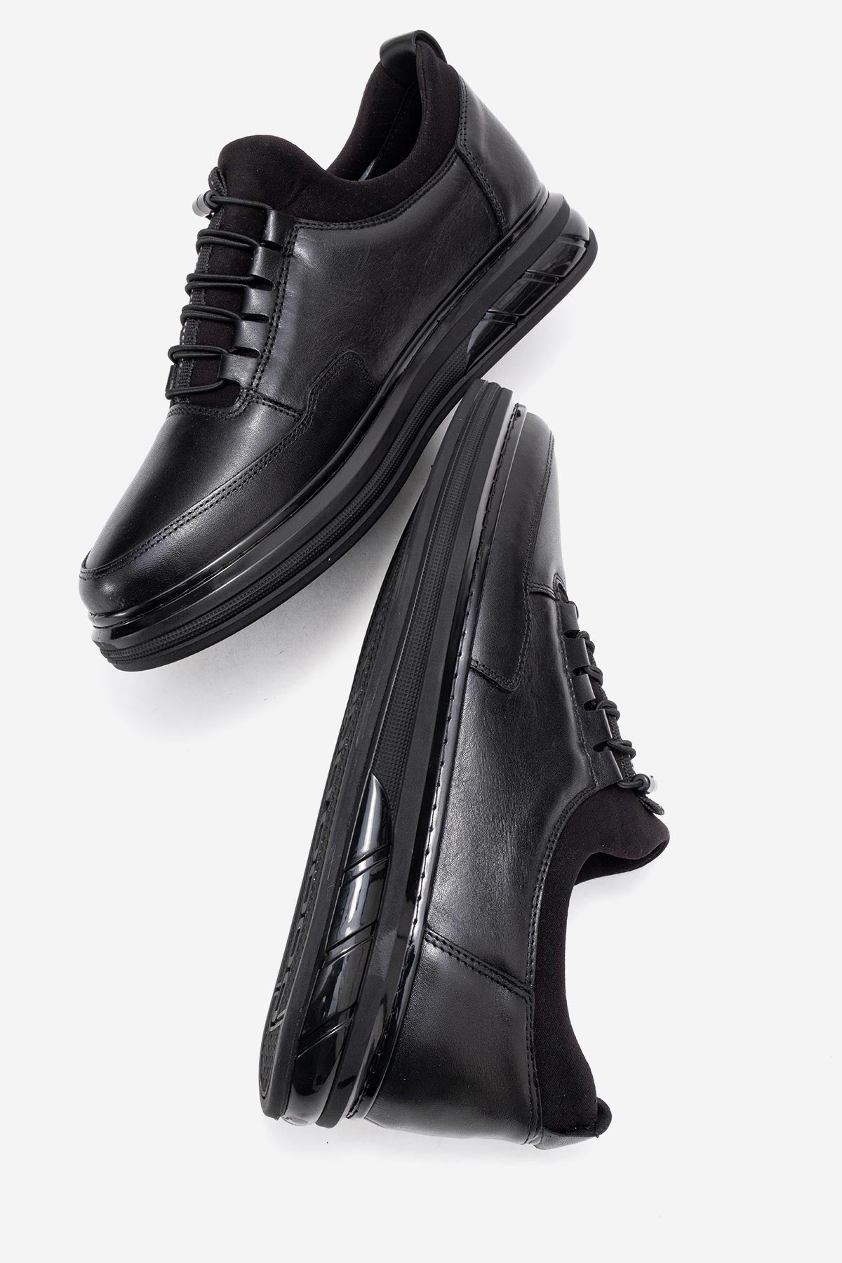 Erkek Hakiki Deri Siyah Bağcıklı Hava Tabanlı Sneaker Benicio