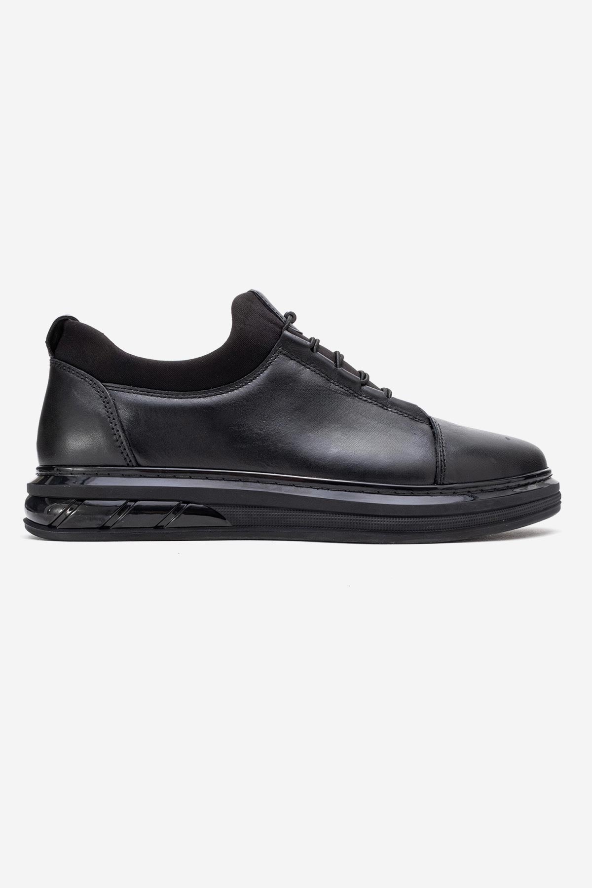 Erkek Hakiki Deri Siyah Lastik Bağcıklı Kalın Taban Sneaker Calisto