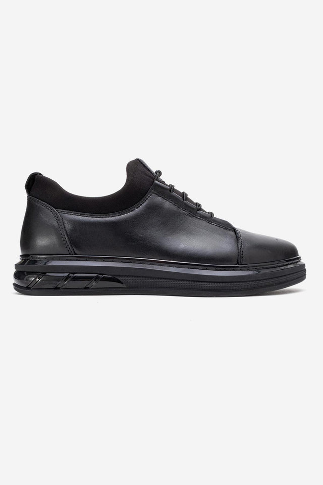 Erkek Hakiki Deri Siyah Lastik Bağcıklı Kalın Taban Sneaker Calisto