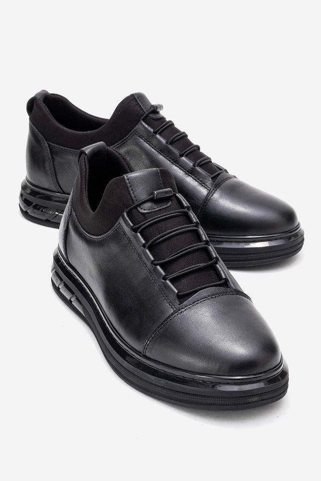 Erkek Hakiki Deri Siyah Lastik Bağcıklı Kalın Taban Sneaker Calisto