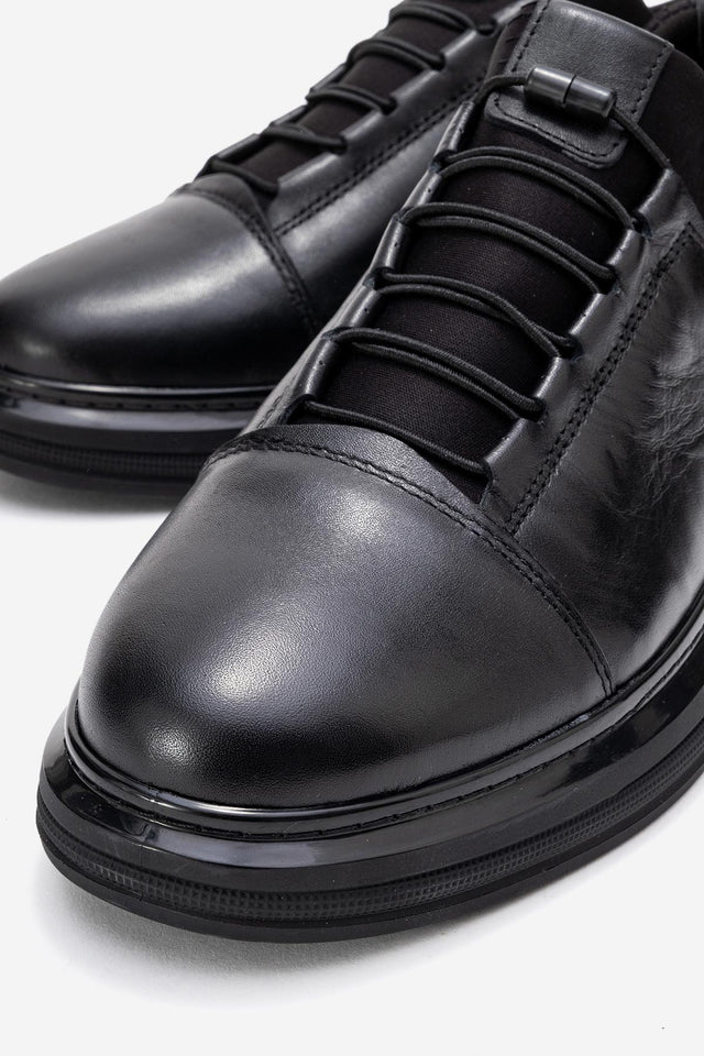 Erkek Hakiki Deri Siyah Lastik Bağcıklı Kalın Taban Sneaker Calisto