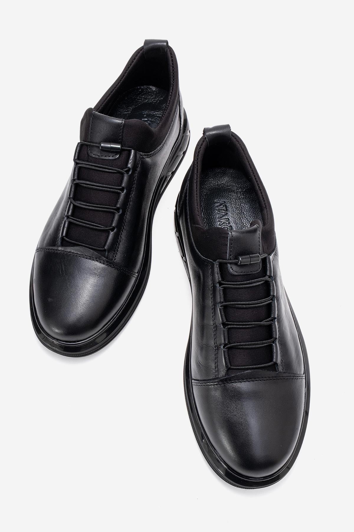 Erkek Hakiki Deri Siyah Lastik Bağcıklı Kalın Taban Sneaker Calisto
