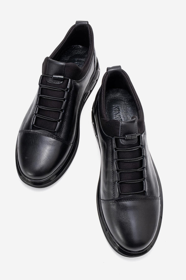 Erkek Hakiki Deri Siyah Lastik Bağcıklı Kalın Taban Sneaker Calisto