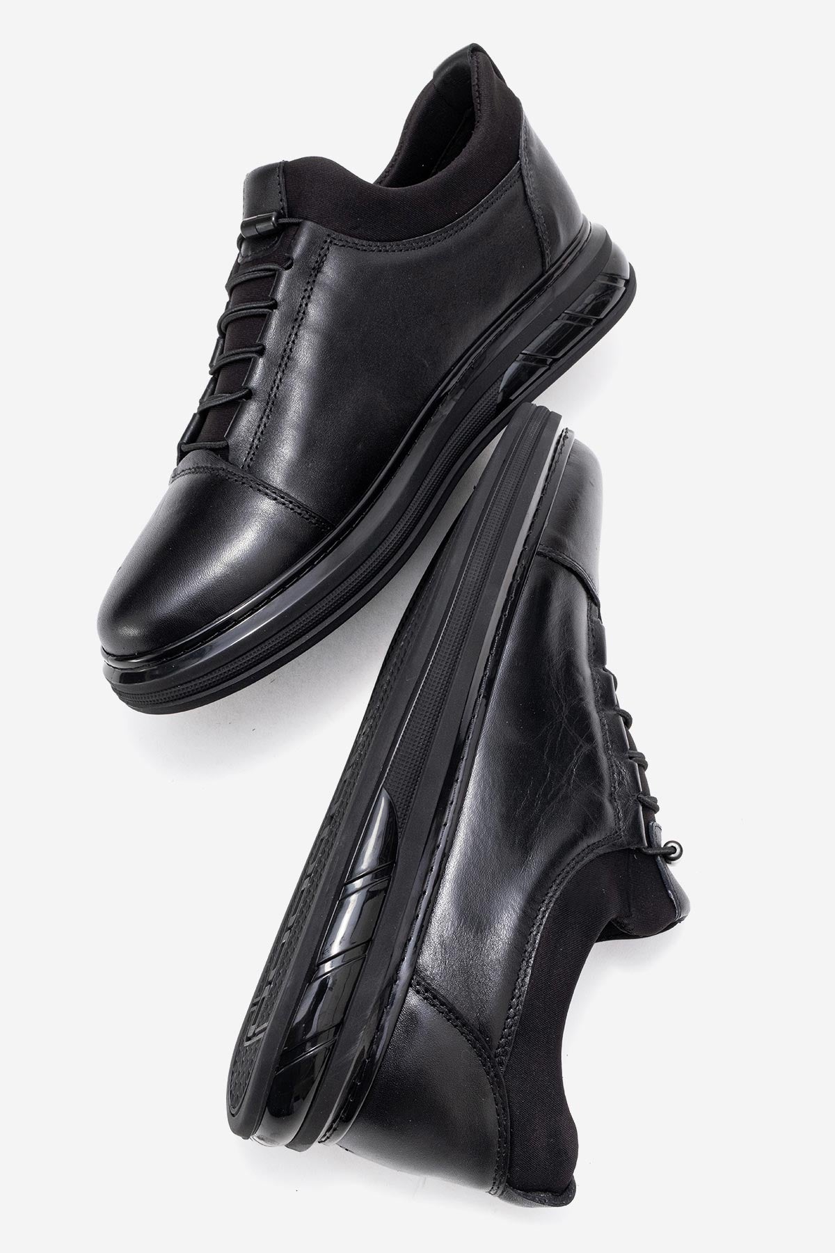 Erkek Hakiki Deri Siyah Lastik Bağcıklı Kalın Taban Sneaker Calisto