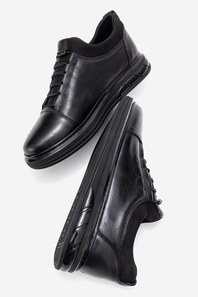 Erkek Hakiki Deri Siyah Lastik Bağcıklı Kalın Taban Sneaker Calisto