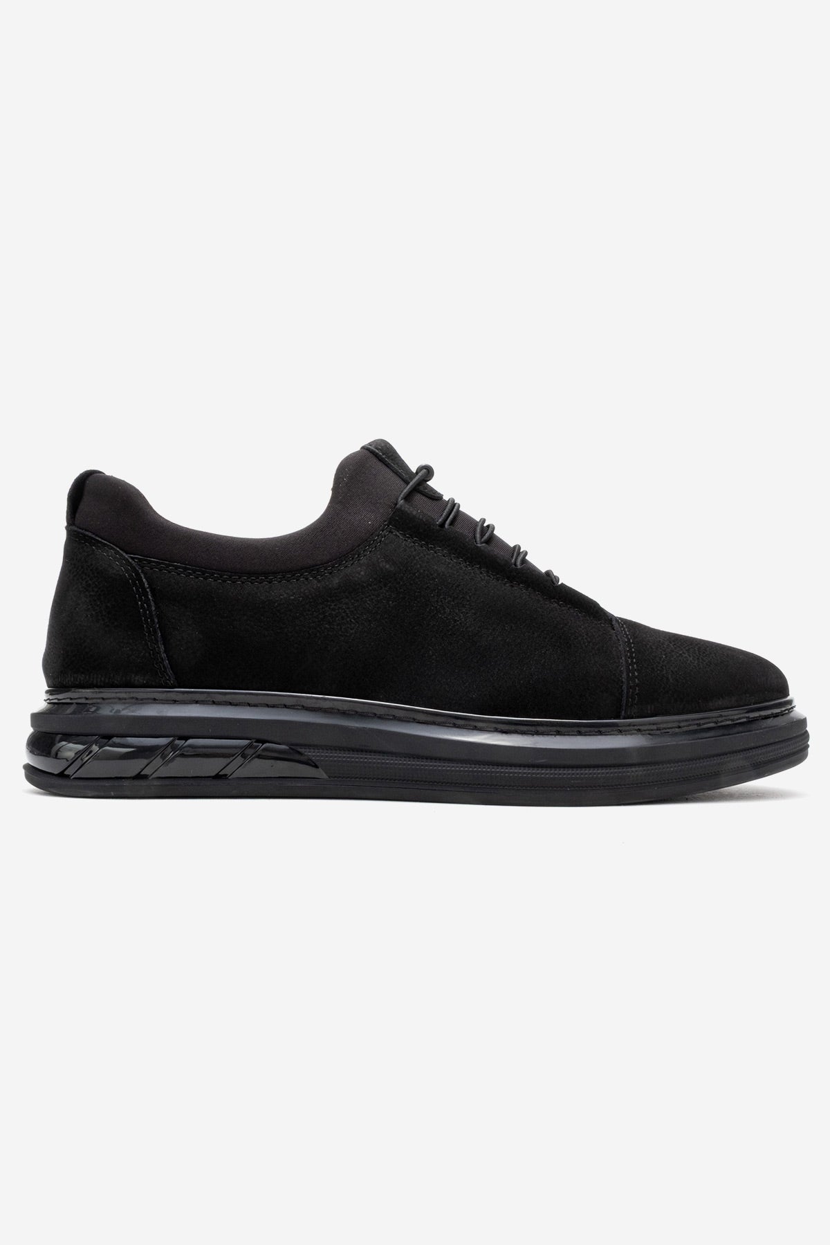 Erkek Hakiki Deri Siyah Nubuk Lastik Bağcıklı Kalın Taban Sneaker Calisto