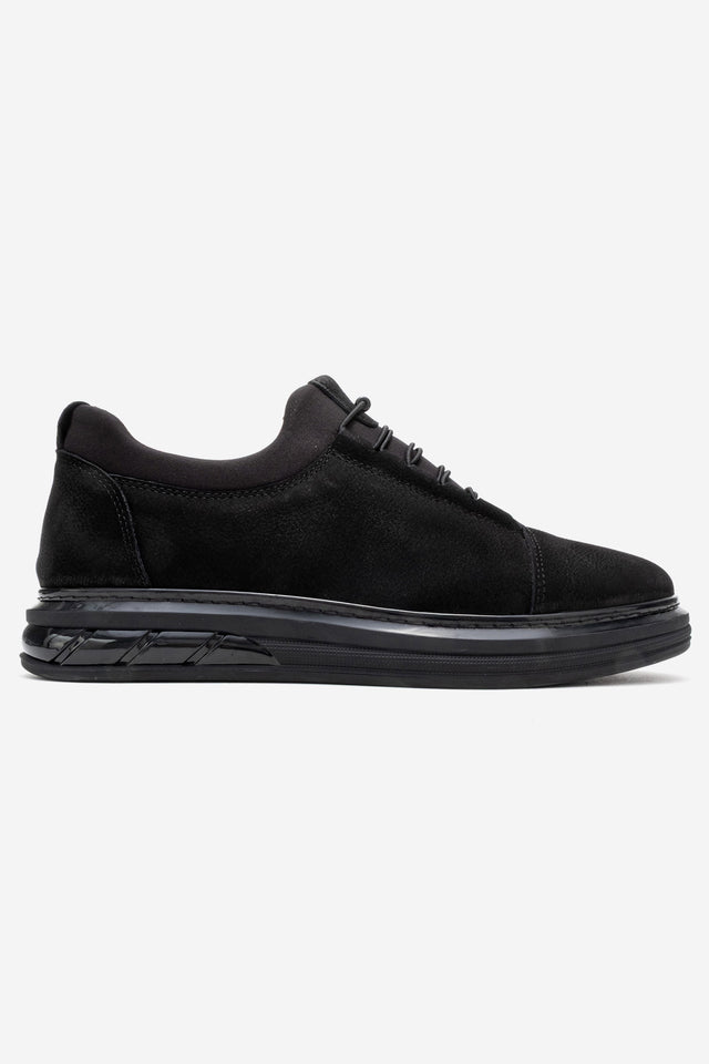 Erkek Hakiki Deri Siyah Nubuk Lastik Bağcıklı Kalın Taban Sneaker Calisto