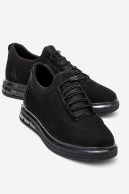 Erkek Hakiki Deri Siyah Nubuk Lastik Bağcıklı Kalın Taban Sneaker Calisto
