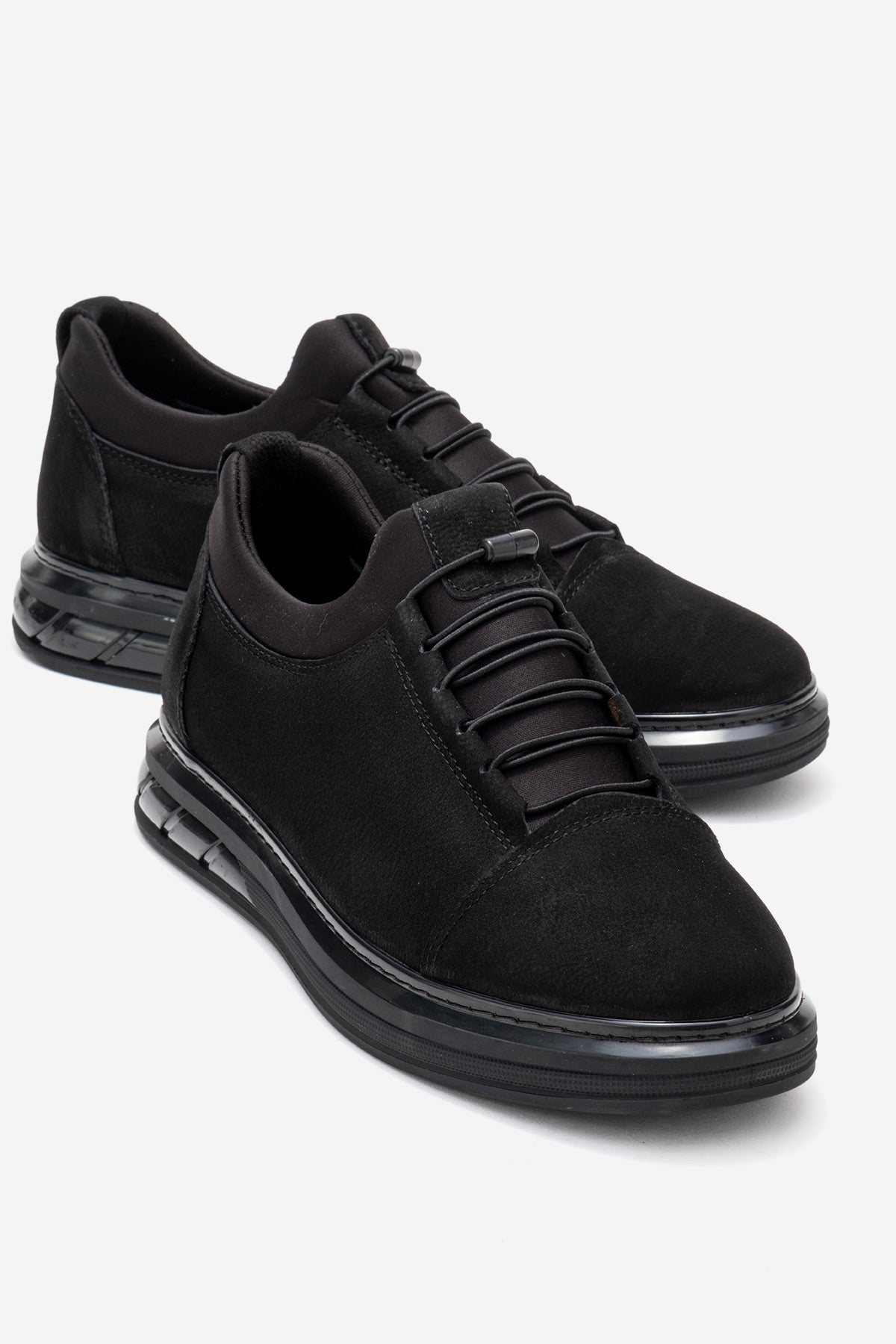 Erkek Hakiki Deri Siyah Nubuk Lastik Bağcıklı Kalın Taban Sneaker Calisto