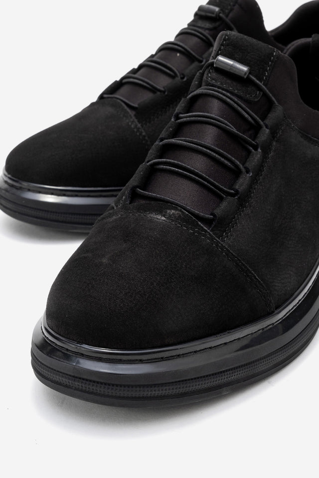Erkek Hakiki Deri Siyah Nubuk Lastik Bağcıklı Kalın Taban Sneaker Calisto
