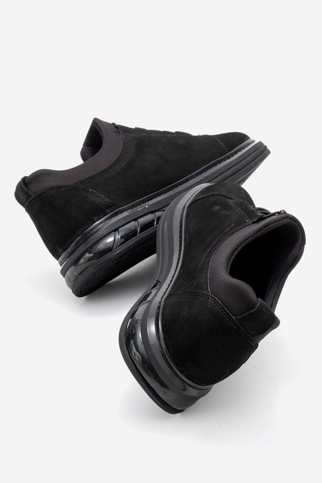 Erkek Hakiki Deri Siyah Nubuk Lastik Bağcıklı Kalın Taban Sneaker Calisto
