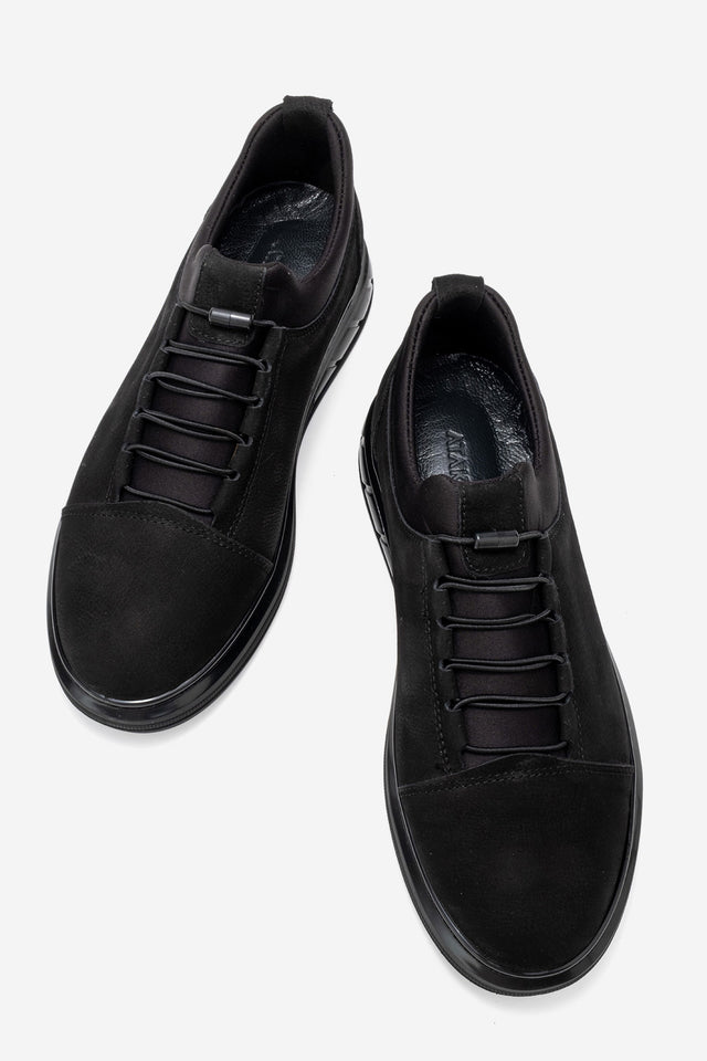 Erkek Hakiki Deri Siyah Nubuk Lastik Bağcıklı Kalın Taban Sneaker Calisto