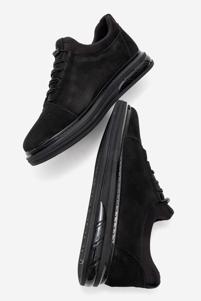 Erkek Hakiki Deri Siyah Nubuk Lastik Bağcıklı Kalın Taban Sneaker Calisto