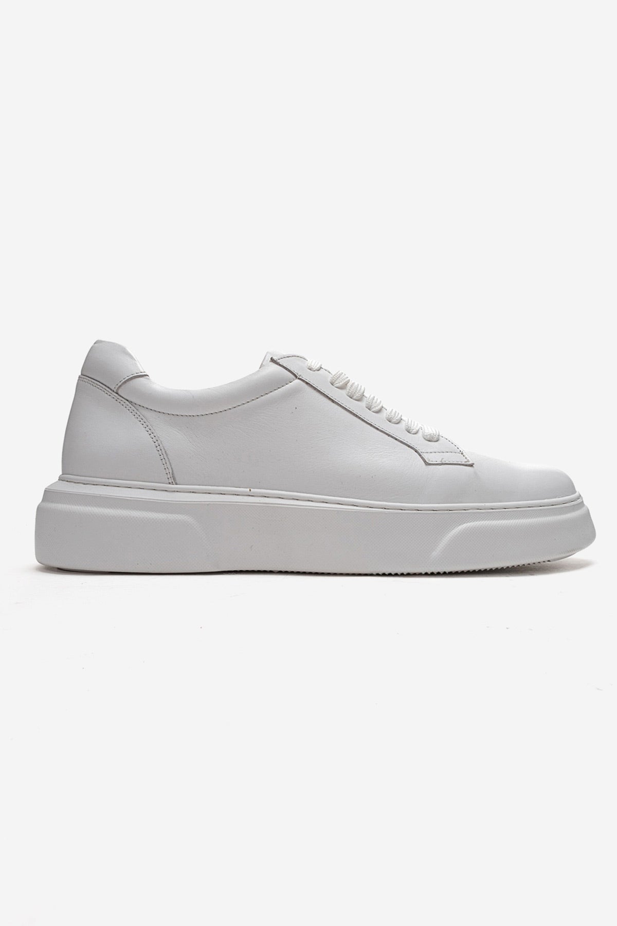 Erkek Hakiki Deri Beyaz Bağcıklı Kalın Tabanlı Sneaker Ayakkabı Italo