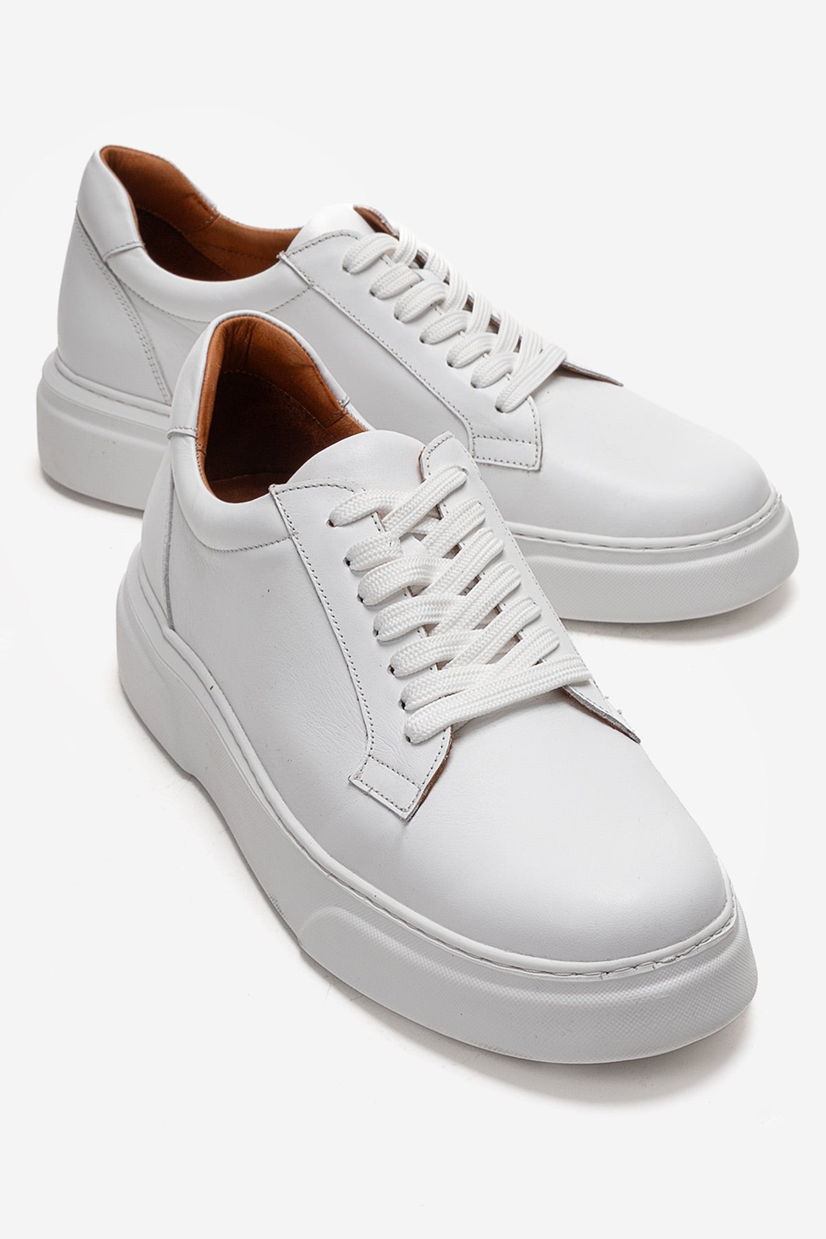 Erkek Hakiki Deri Beyaz Bağcıklı Kalın Tabanlı Sneaker Ayakkabı Italo