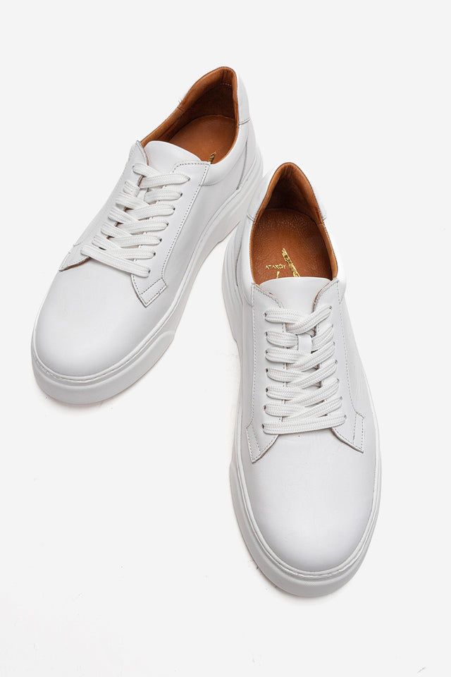 Erkek Hakiki Deri Beyaz Bağcıklı Kalın Tabanlı Sneaker Ayakkabı Italo