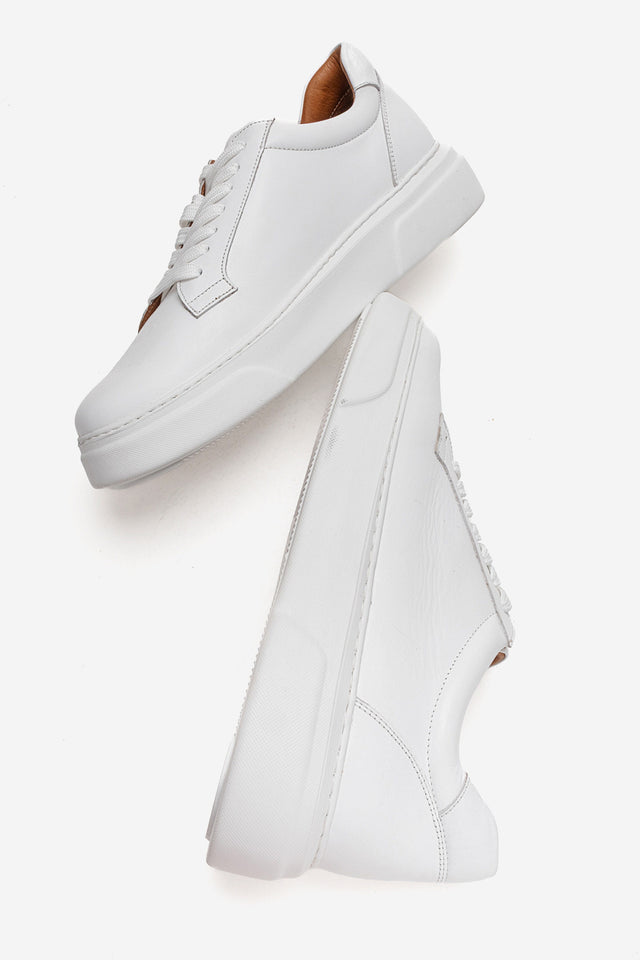 Erkek Hakiki Deri Beyaz Bağcıklı Kalın Tabanlı Sneaker Ayakkabı Italo