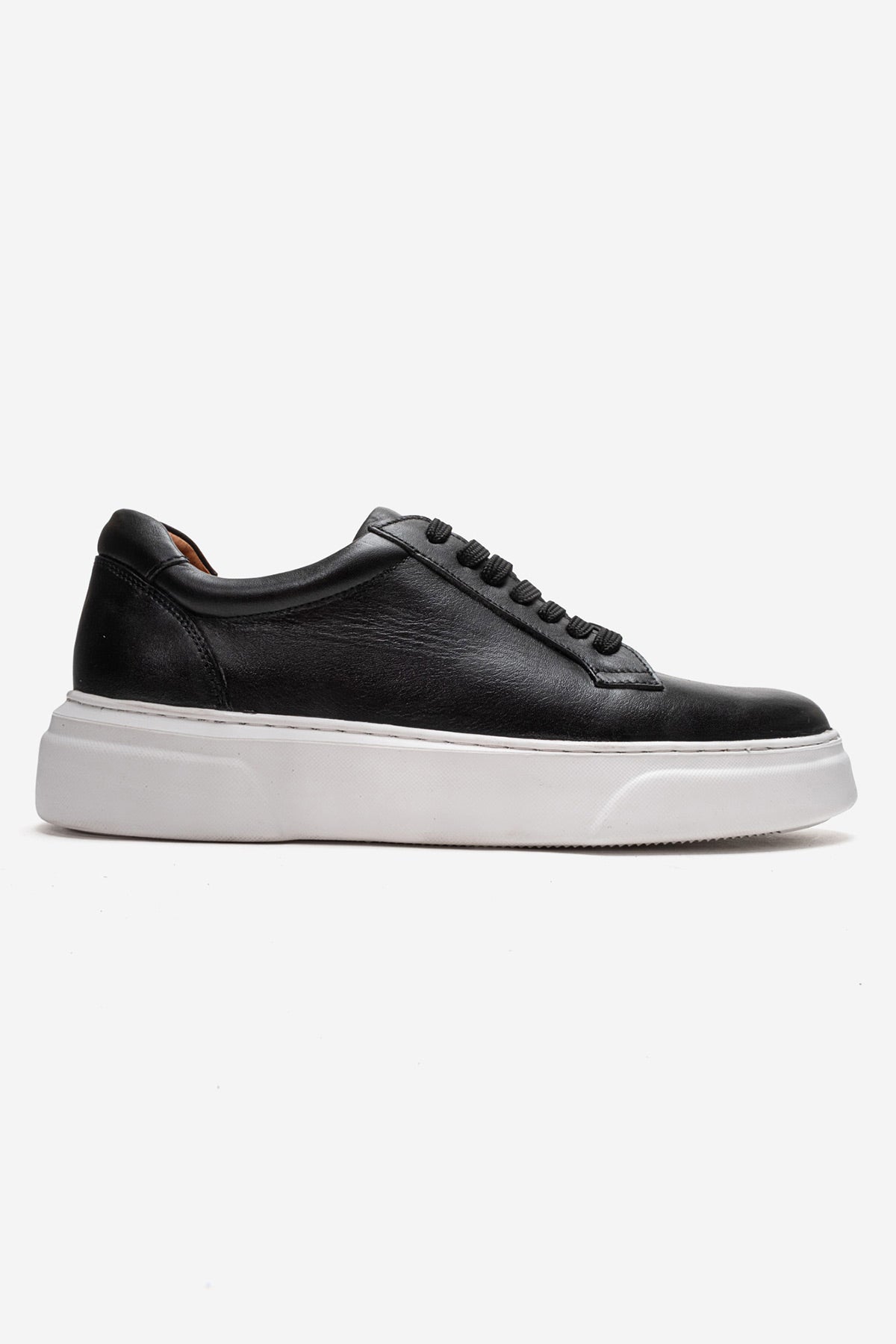 Erkek Hakiki Deri Siyah Beyaz Bağcıklı Kalın Tabanlı Sneaker Ayakkabı Italo