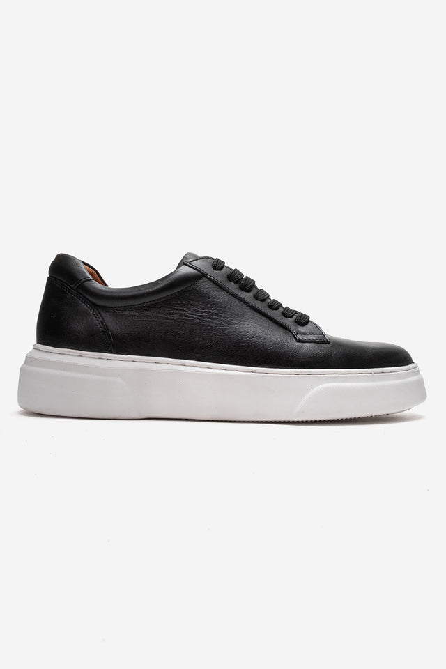 Erkek Hakiki Deri Siyah Beyaz Bağcıklı Kalın Tabanlı Sneaker Ayakkabı Italo