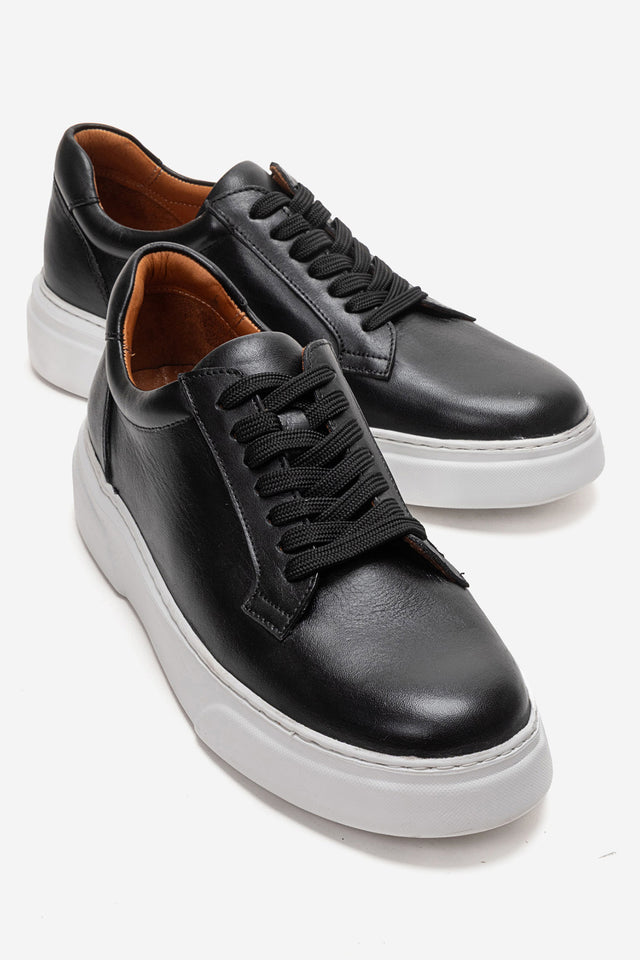 Erkek Hakiki Deri Siyah Beyaz Bağcıklı Kalın Tabanlı Sneaker Ayakkabı Italo