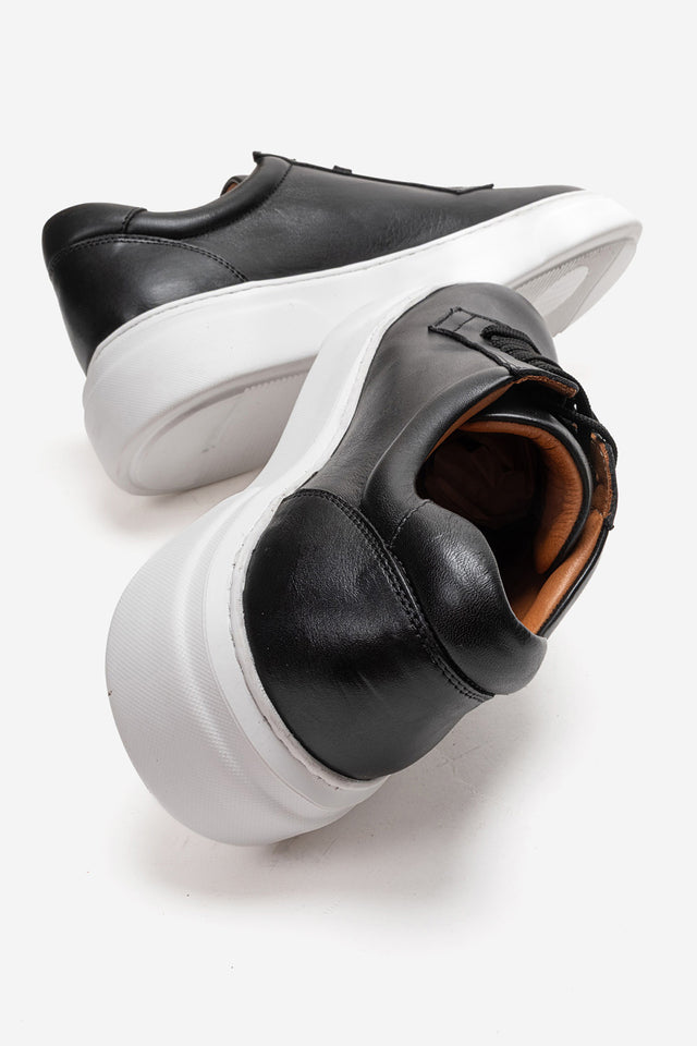 Erkek Hakiki Deri Siyah Beyaz Bağcıklı Kalın Tabanlı Sneaker Ayakkabı Italo