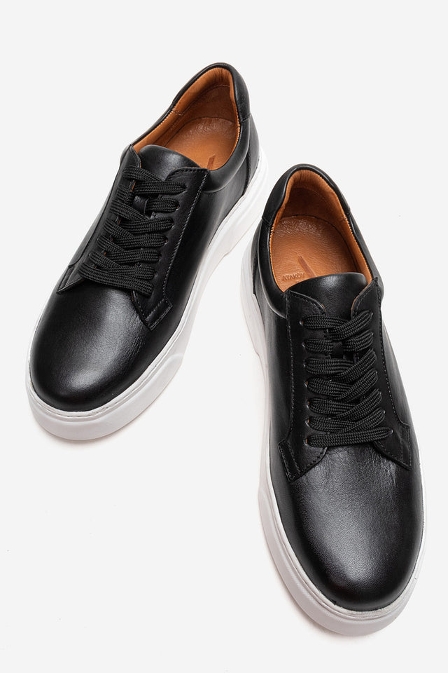 Erkek Hakiki Deri Siyah Beyaz Bağcıklı Kalın Tabanlı Sneaker Ayakkabı Italo