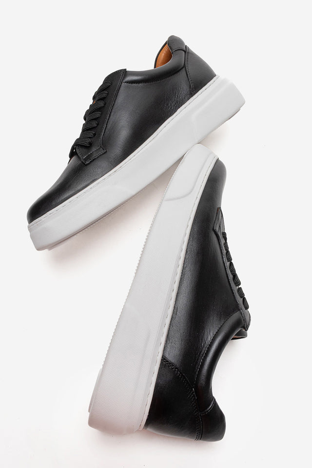 Erkek Hakiki Deri Siyah Beyaz Bağcıklı Kalın Tabanlı Sneaker Ayakkabı Italo