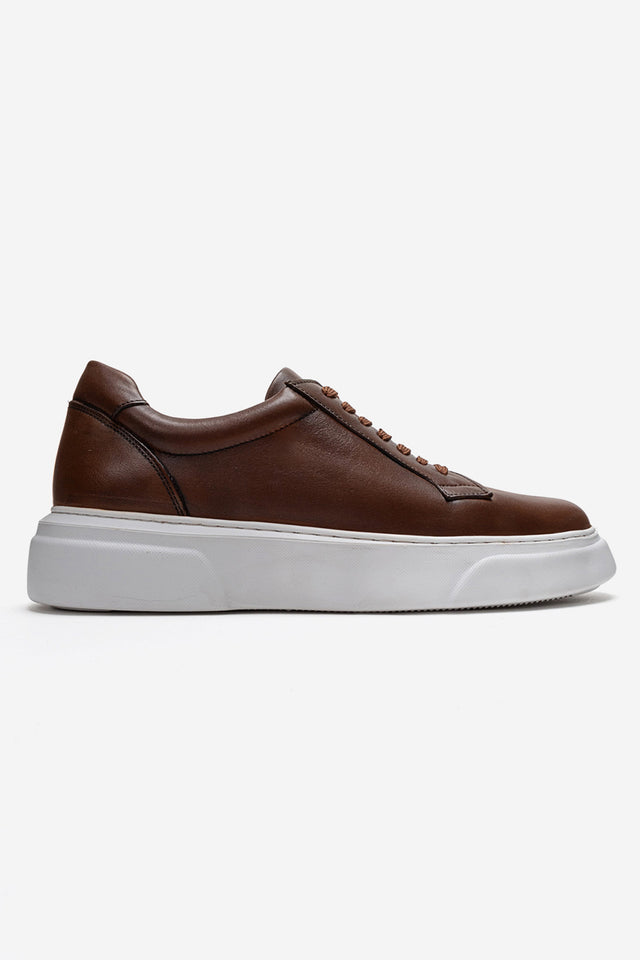Erkek Hakiki Deri Taba Beyaz Bağcıklı Kalın Tabanlı Sneaker Ayakkabı Italo