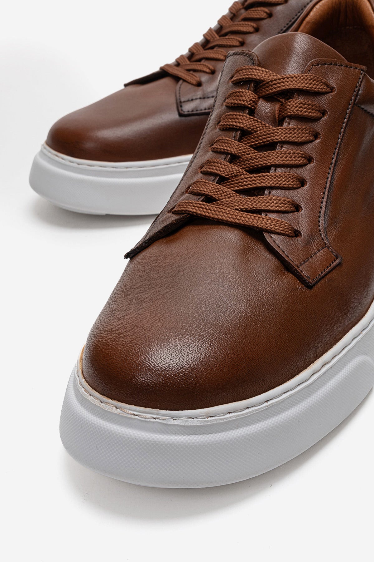 Erkek Hakiki Deri Taba Beyaz Bağcıklı Kalın Tabanlı Sneaker Ayakkabı Italo