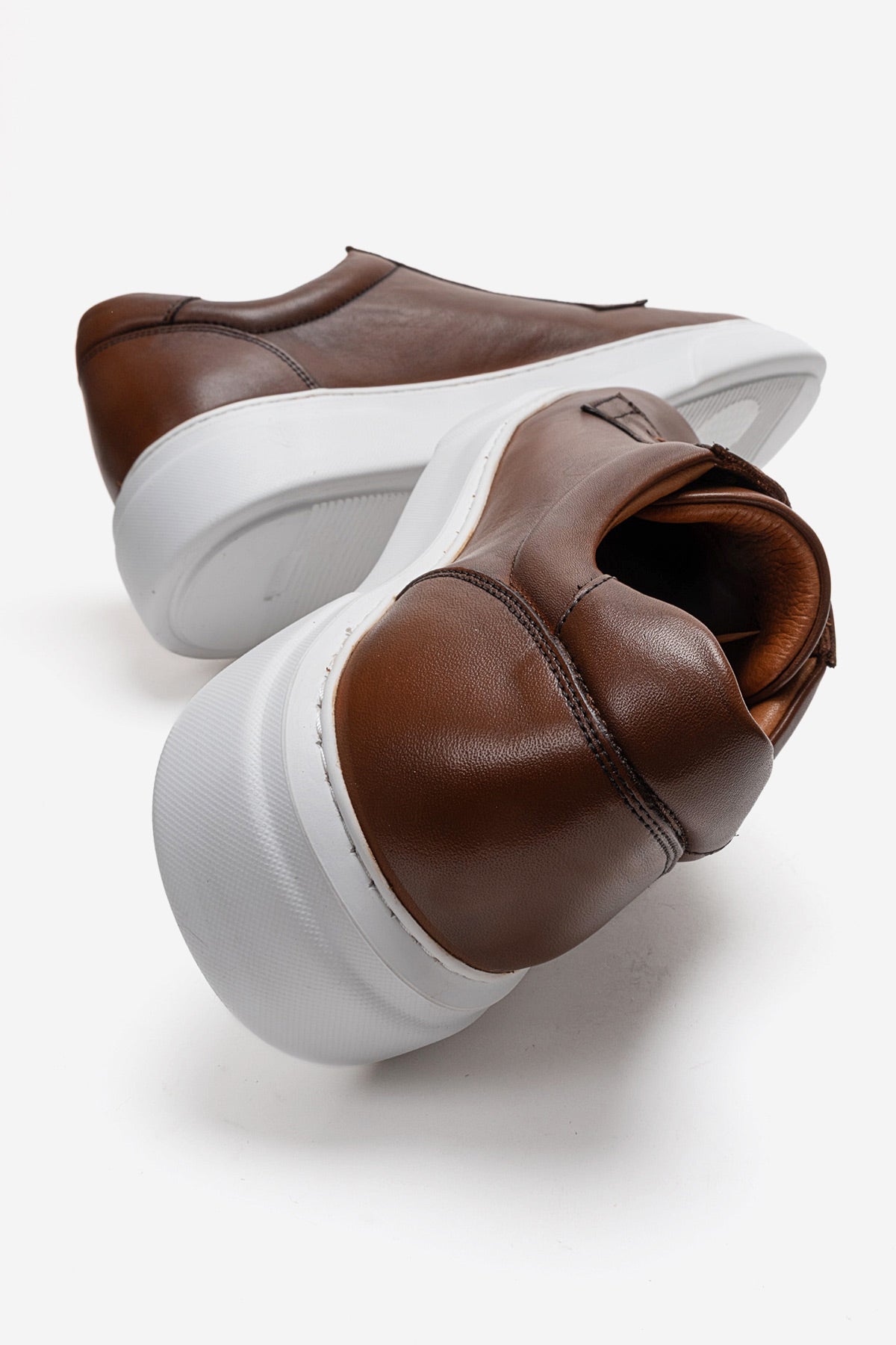 Erkek Hakiki Deri Taba Beyaz Bağcıklı Kalın Tabanlı Sneaker Ayakkabı Italo