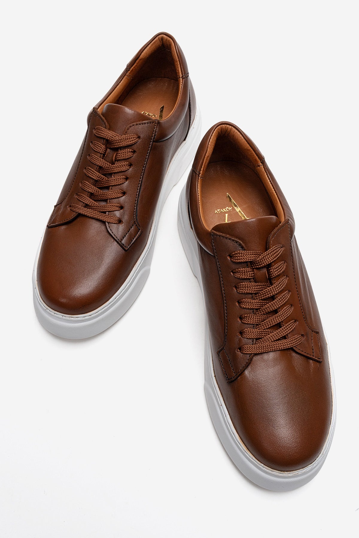 Erkek Hakiki Deri Taba Beyaz Bağcıklı Kalın Tabanlı Sneaker Ayakkabı Italo