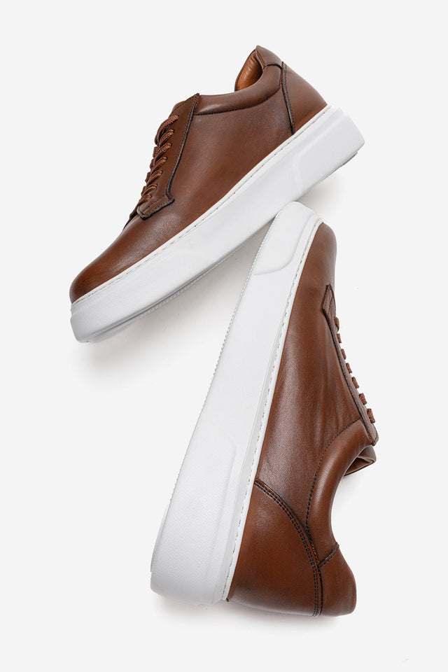Erkek Hakiki Deri Taba Beyaz Bağcıklı Kalın Tabanlı Sneaker Ayakkabı Italo