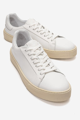 Erkek Hakiki Deri Beyaz Bağcıklı Kauçuk Tabanlı Sneaker Ayakkabı Luciano
