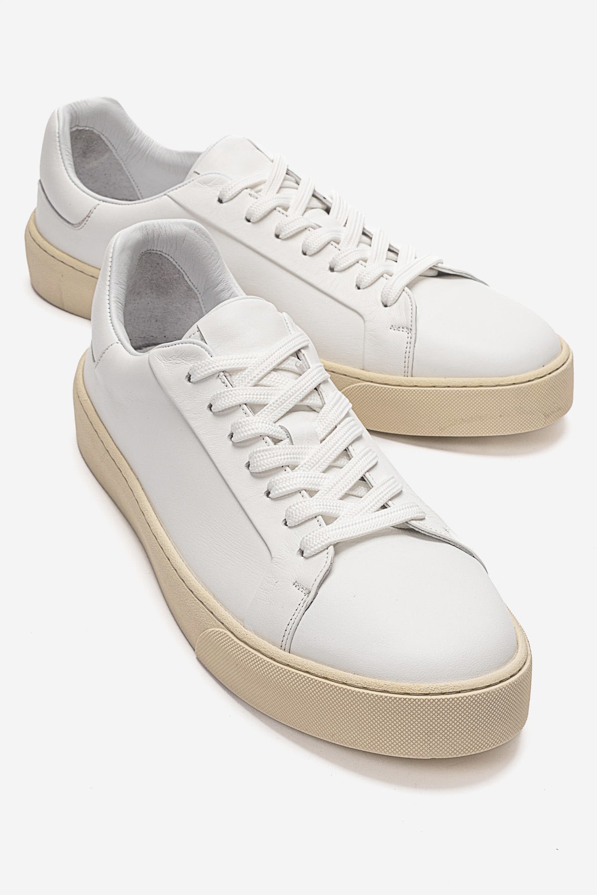 Erkek Hakiki Deri Beyaz Bağcıklı Kauçuk Tabanlı Sneaker Ayakkabı Luciano