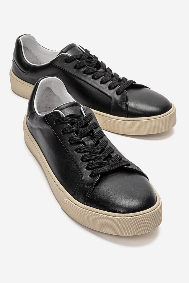 Erkek Hakiki Deri Siyah Bağcıklı Kauçuk Tabanlı Sneaker Ayakkabı Luciano