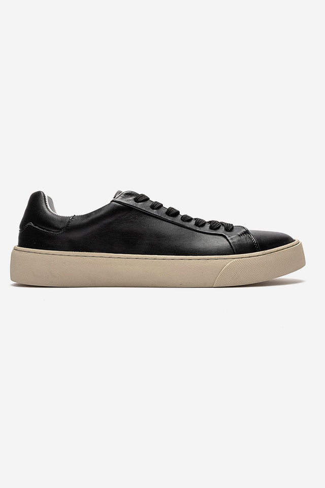 Erkek Hakiki Deri Siyah Bağcıklı Kauçuk Tabanlı Sneaker Ayakkabı Luciano
