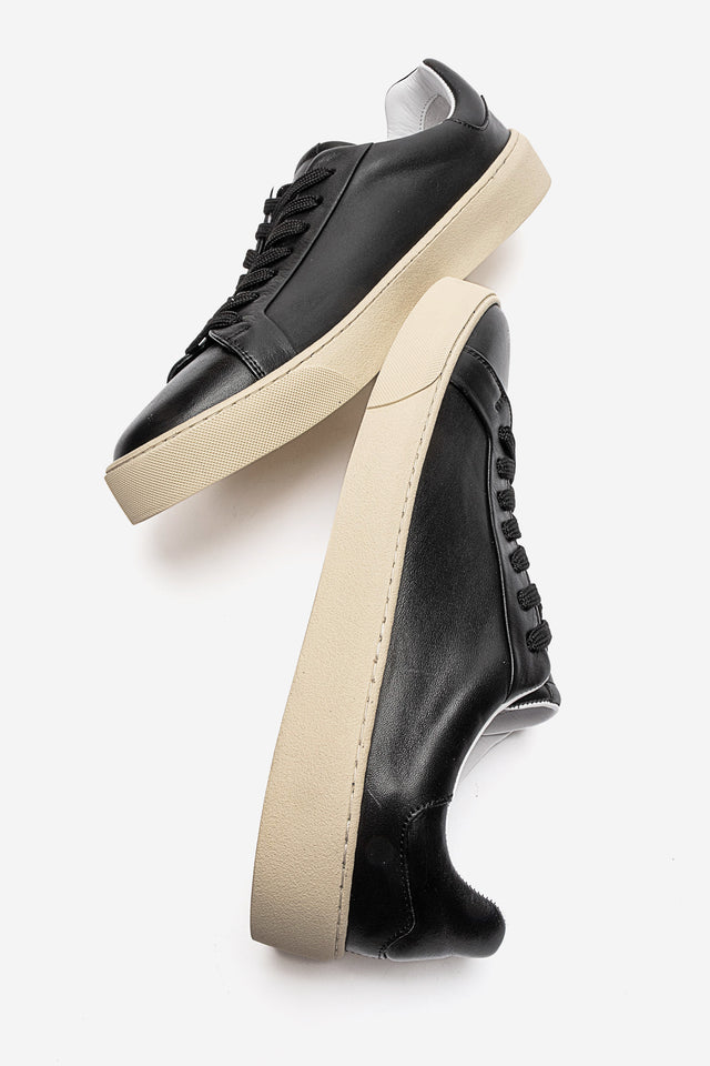 Erkek Hakiki Deri Siyah Bağcıklı Kauçuk Tabanlı Sneaker Ayakkabı Luciano
